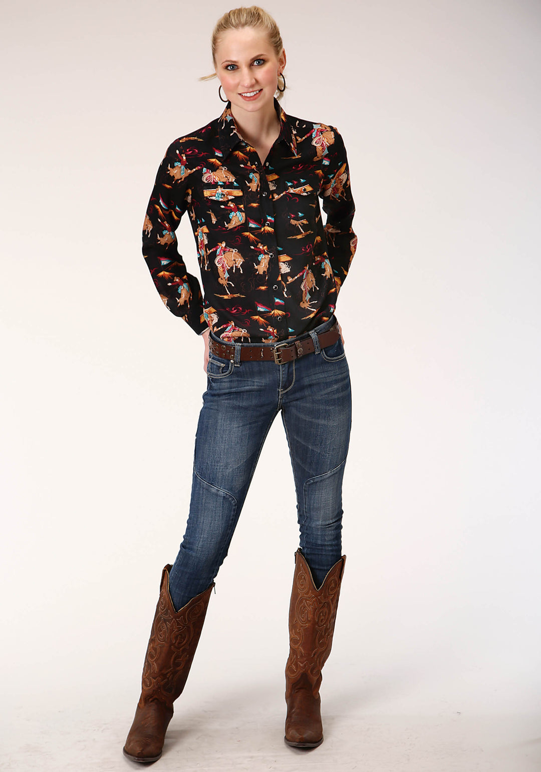 WOMENS LONG SLEEVE SNAP  RETRO RODEO PRINT WESTERN SHIRT WESTERN SHIRT