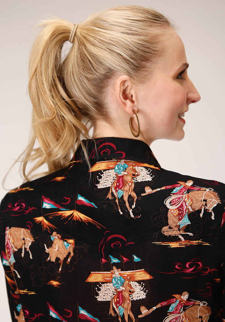 WOMENS LONG SLEEVE SNAP  RETRO RODEO PRINT WESTERN SHIRT WESTERN SHIRT