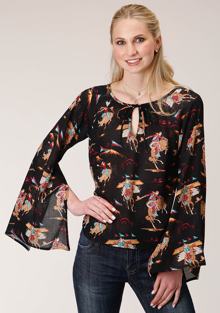 WOMENS LONG SLEEVE RETRO RODEO PRINT FLOWY BLOUSE