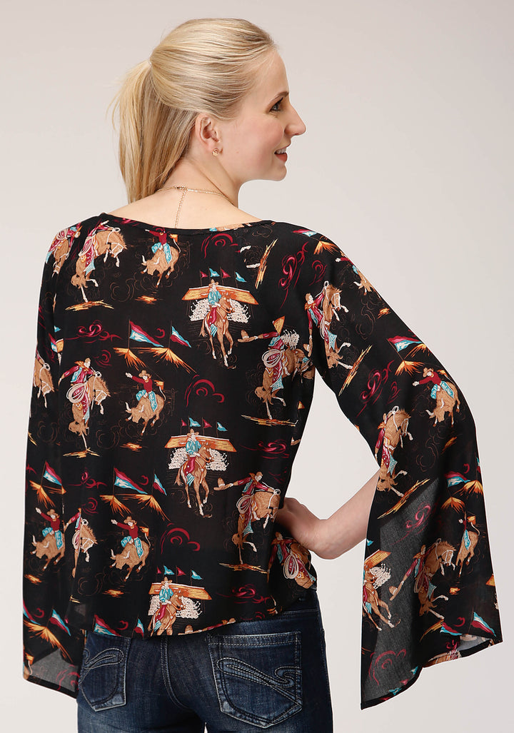 WOMENS LONG SLEEVE RETRO RODEO PRINT FLOWY BLOUSE