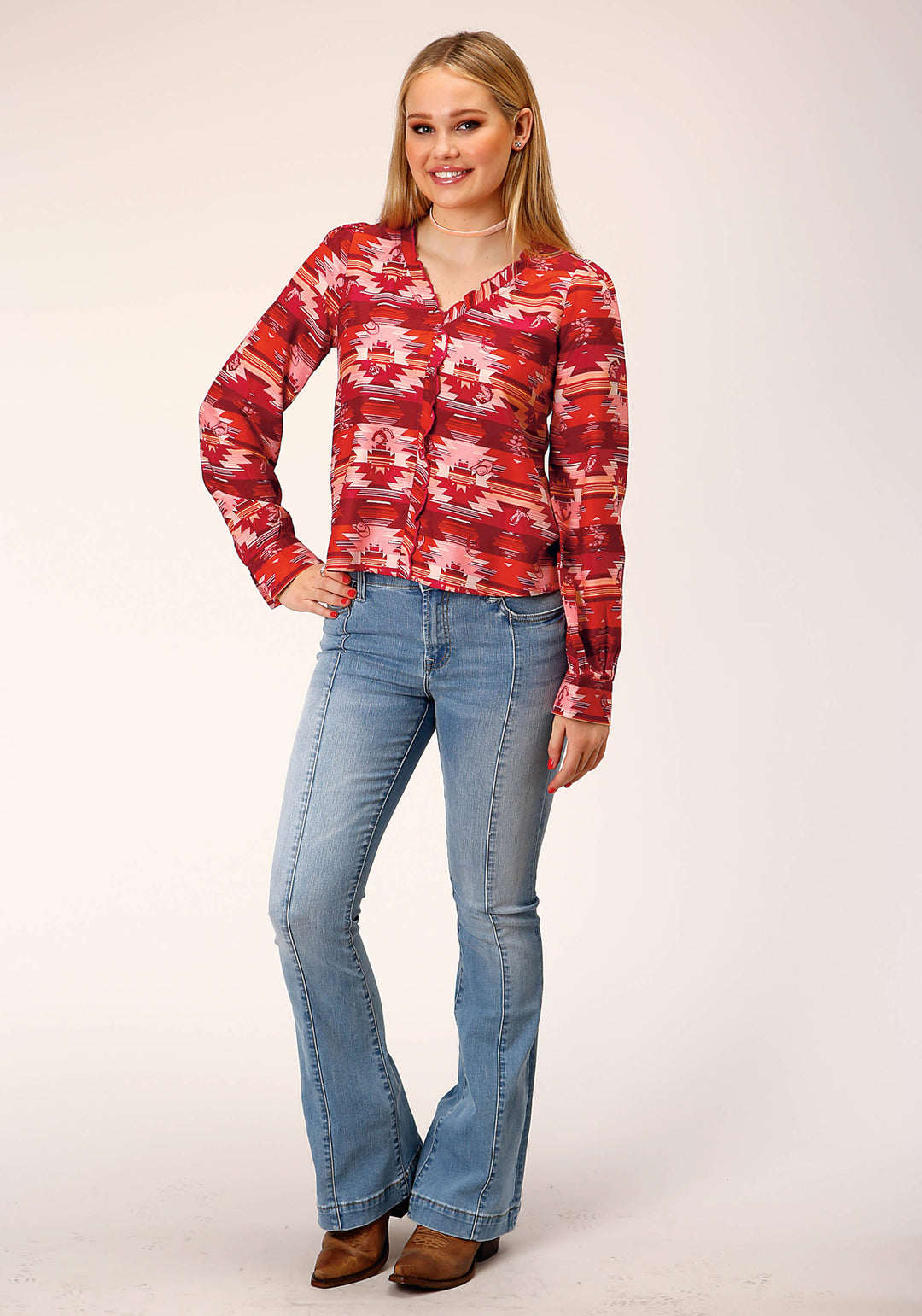 WOMENS LONG SLEEVE RAYON AZTEC PRINT BLOUSE