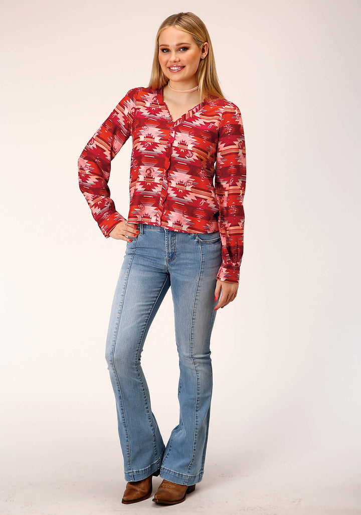 WOMENS LONG SLEEVE RAYON AZTEC PRINT BLOUSE
