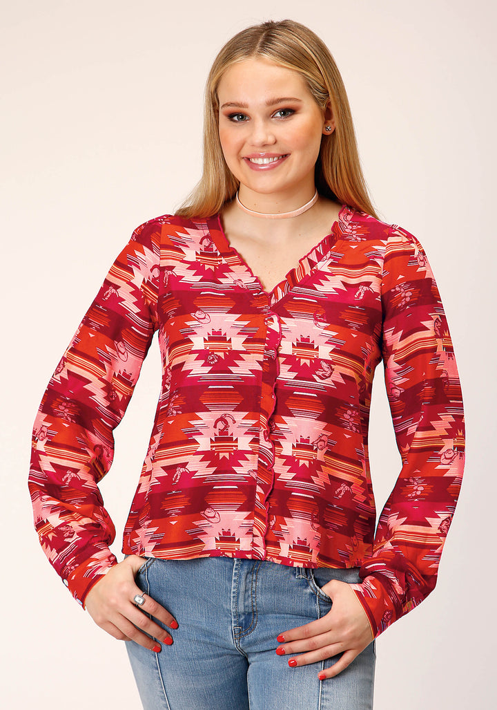 WOMENS LONG SLEEVE RAYON AZTEC PRINT BLOUSE