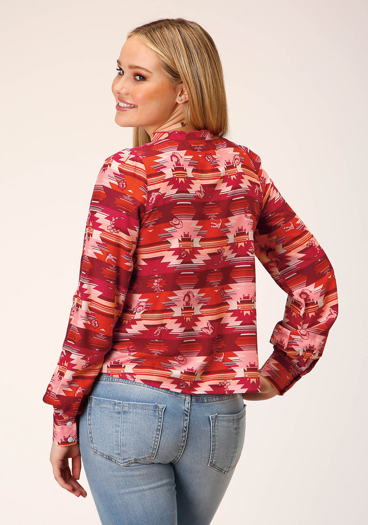 WOMENS LONG SLEEVE RAYON AZTEC PRINT BLOUSE