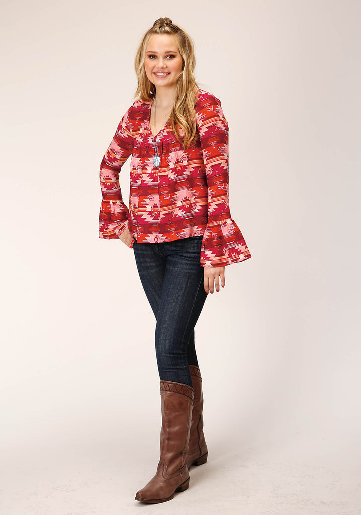 WOMENS LONG SLEEVE RAYON AZTEC PRINT PEASANT BLOUSE