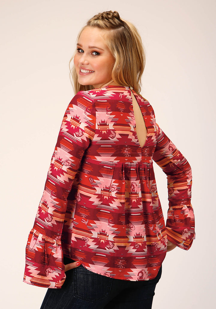 WOMENS LONG SLEEVE RAYON AZTEC PRINT PEASANT BLOUSE