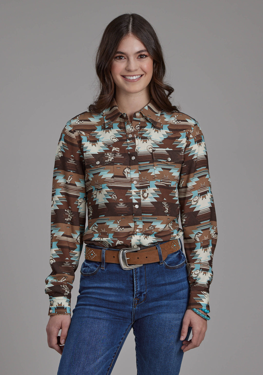 WOMENS ICON AZTEC PRINTED RAYON LONG SLEEVE SNAP WESTERN SHIRT