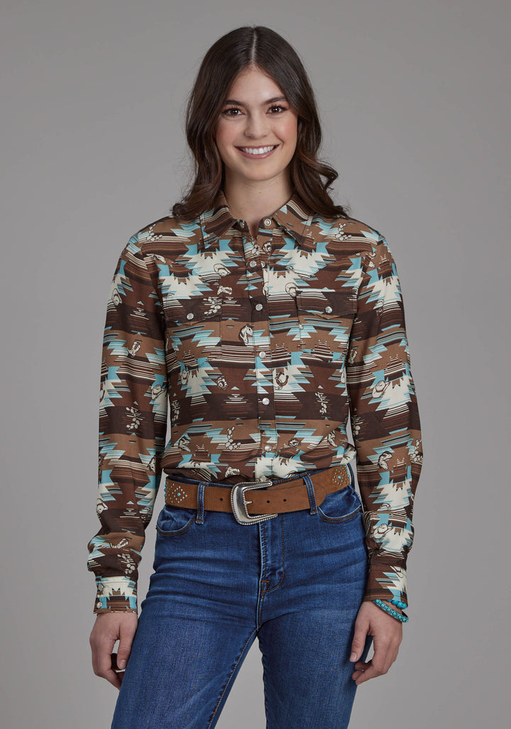 WOMENS ICON AZTEC PRINTED RAYON LONG SLEEVE SNAP WESTERN SHIRT