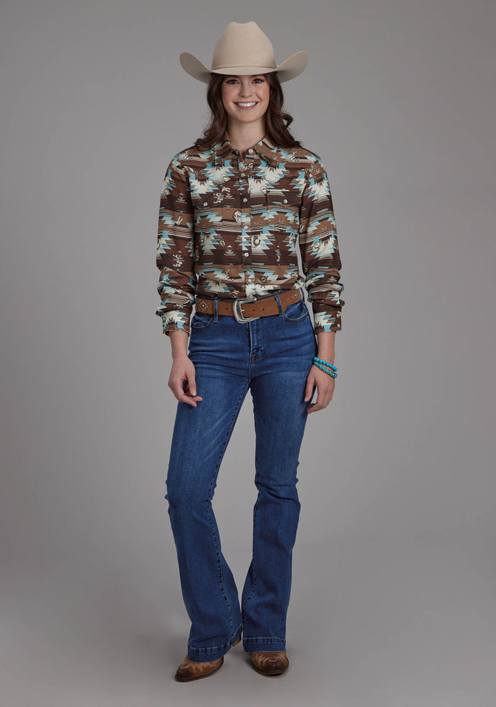 WOMENS ICON AZTEC PRINTED RAYON LONG SLEEVE SNAP WESTERN SHIRT