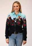 WOMENS LONG SLEEVE SNAP  COWGIRL BORDER PRINTED RAYON WESTERN SHIRT