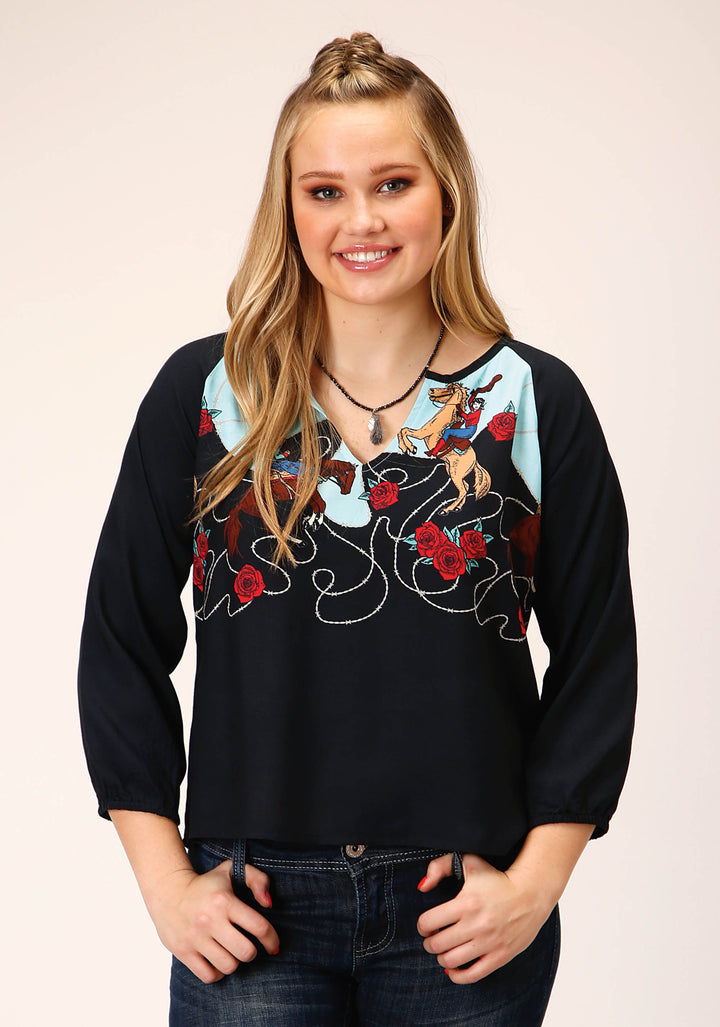 WOMENS LONG SLEEVE COWGIRL BORDER PRINTED RAYON BLOUSE