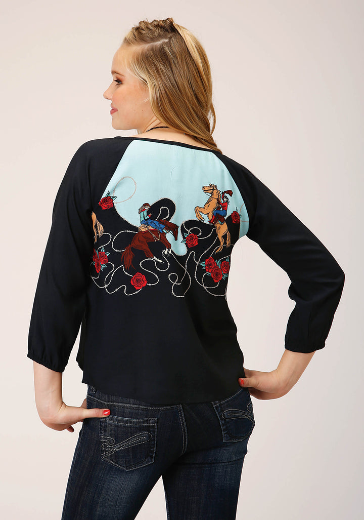 WOMENS LONG SLEEVE COWGIRL BORDER PRINTED RAYON BLOUSE