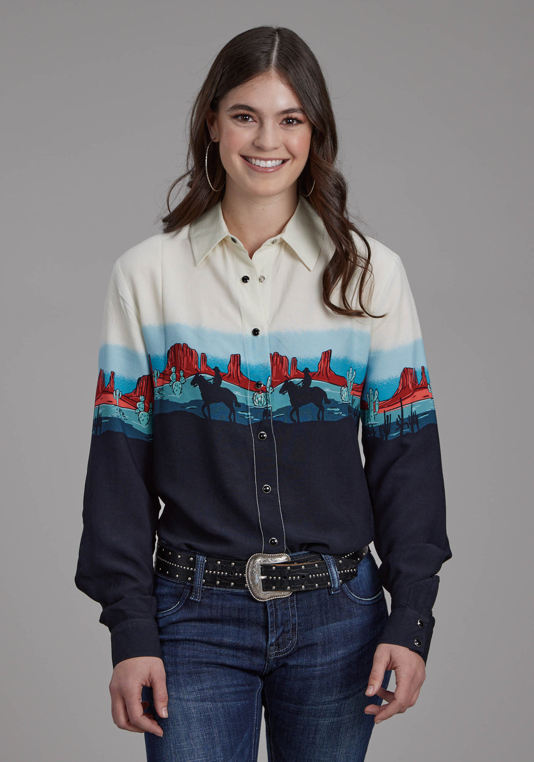 WOMENS WESTERN BORDER PRINTED RAYON LONG SLEEVE SNAP WESTERN SHIRT