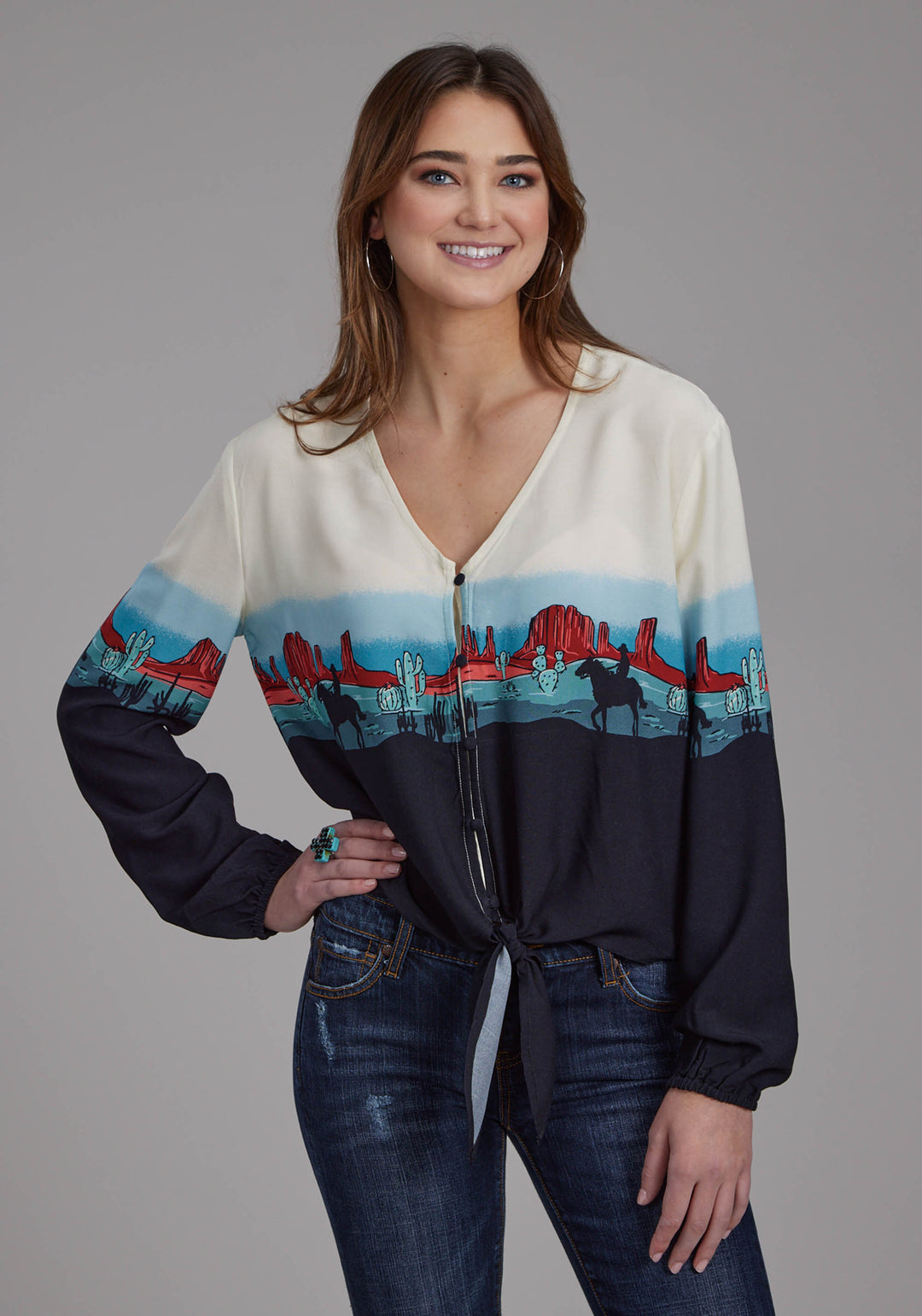 WOMENS WESTERN BORDER PRINTED RAYON LONG SLEEVE BUTTON WESTERN SHIRT