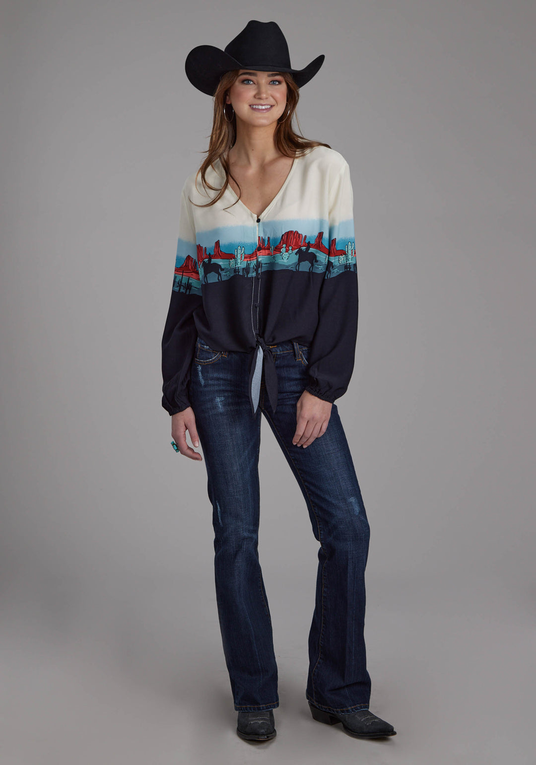 WOMENS WESTERN BORDER PRINTED RAYON LONG SLEEVE BUTTON WESTERN SHIRT