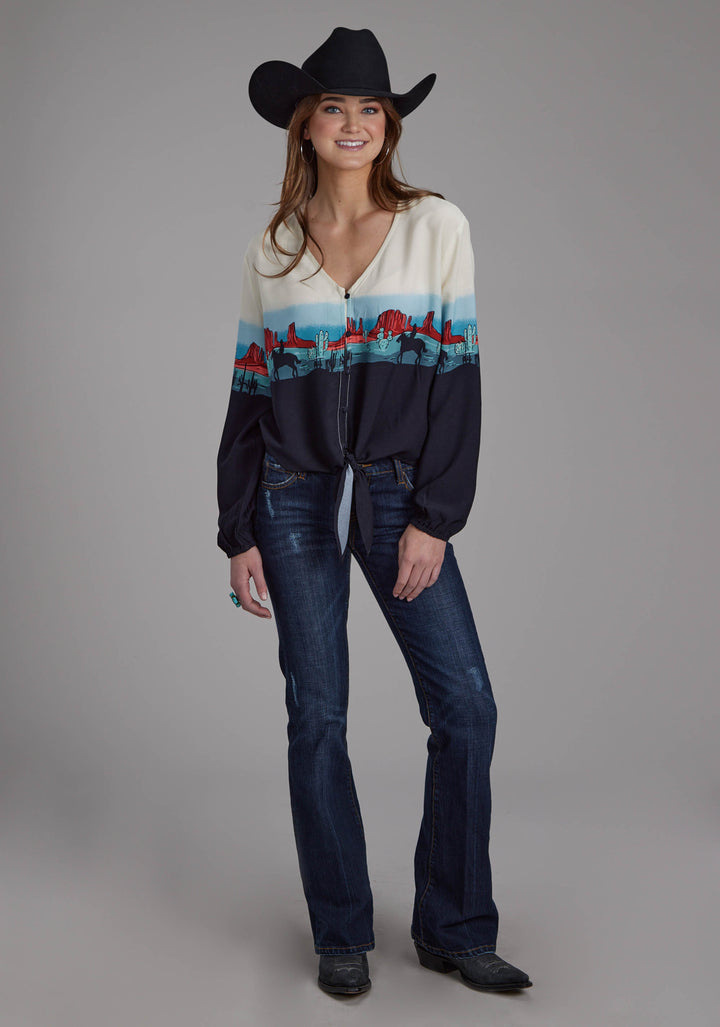 WOMENS WESTERN BORDER PRINTED RAYON LONG SLEEVE BUTTON WESTERN SHIRT