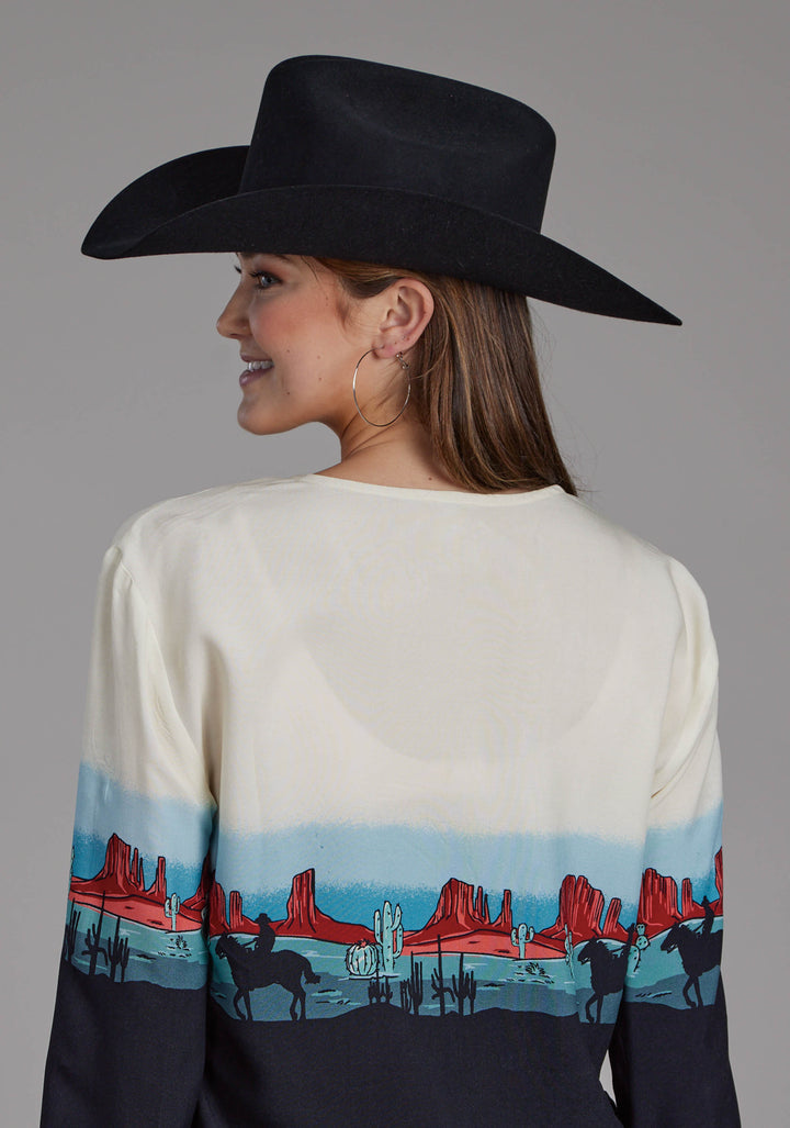 WOMENS WESTERN BORDER PRINTED RAYON LONG SLEEVE BUTTON WESTERN SHIRT
