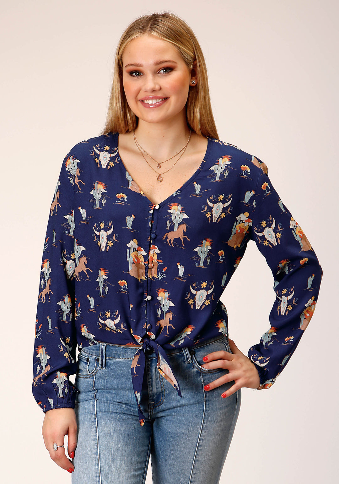 WOMENS LONG SLEEVE COWBOY PRINT RAYON  BLOUSE