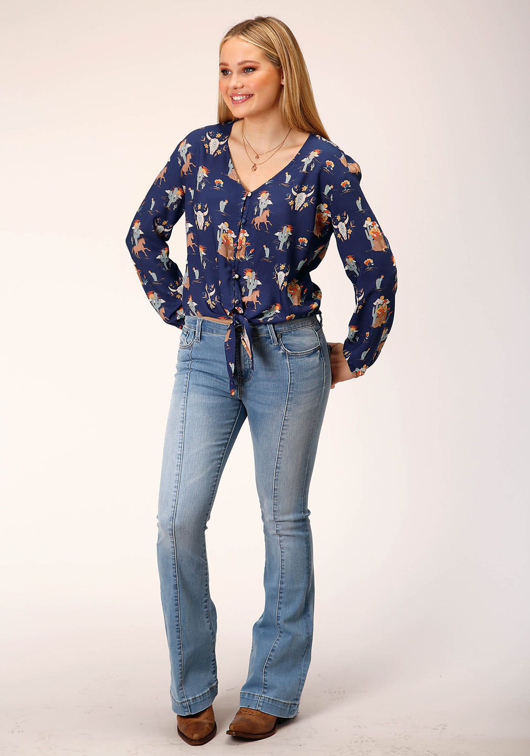 WOMENS LONG SLEEVE COWBOY PRINT RAYON  BLOUSE