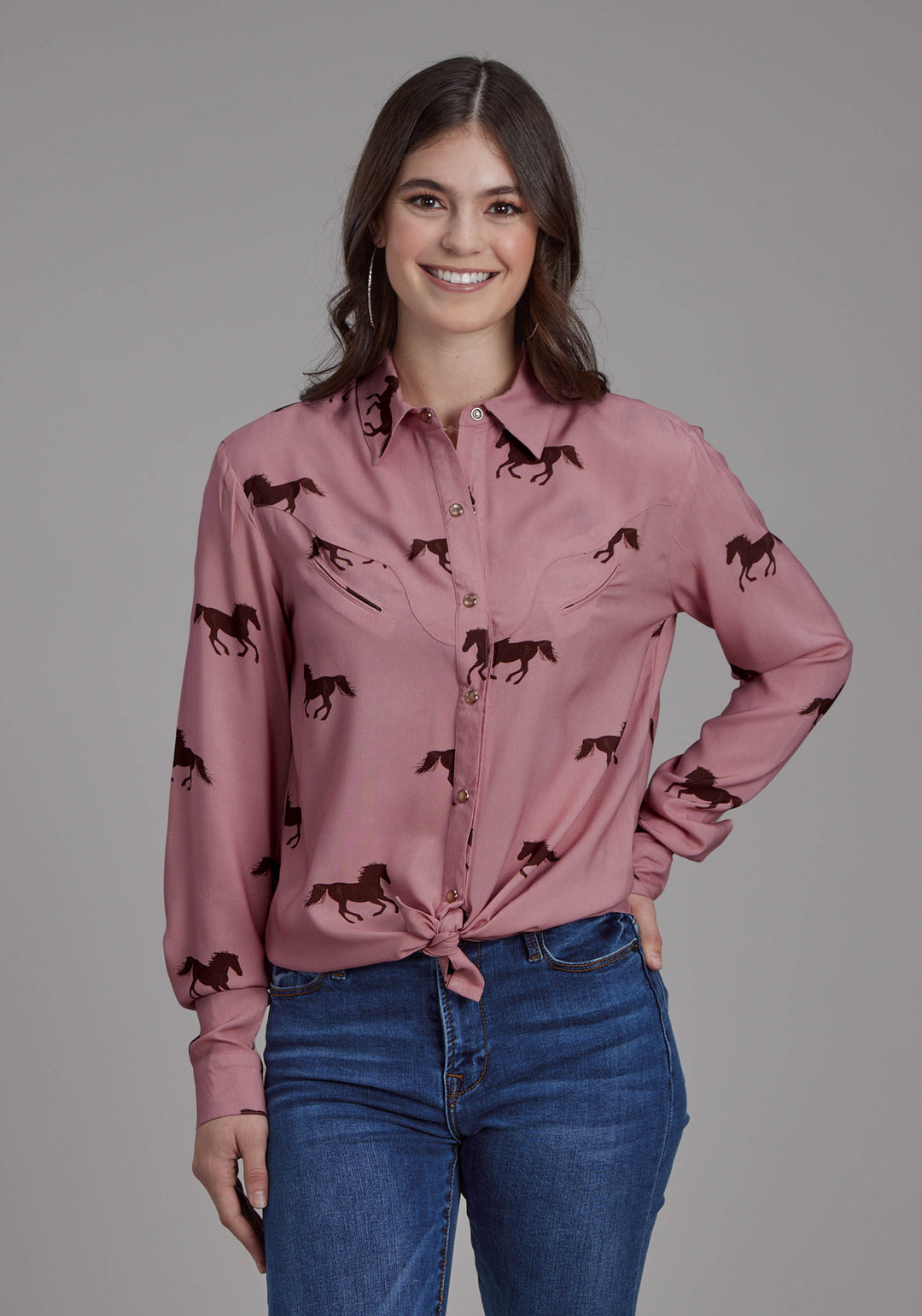WOMENS WILD HORSES PRINTED RAYON LONG SLEEVE SNAP WESTERN SHIRT