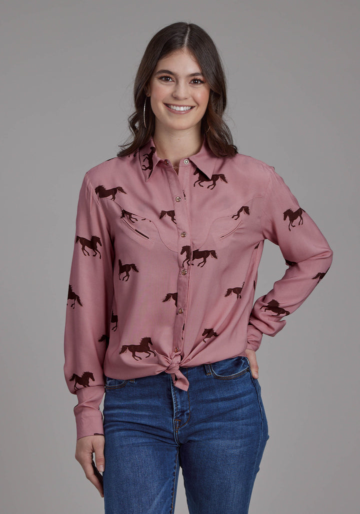 WOMENS WILD HORSES PRINTED RAYON LONG SLEEVE SNAP WESTERN SHIRT