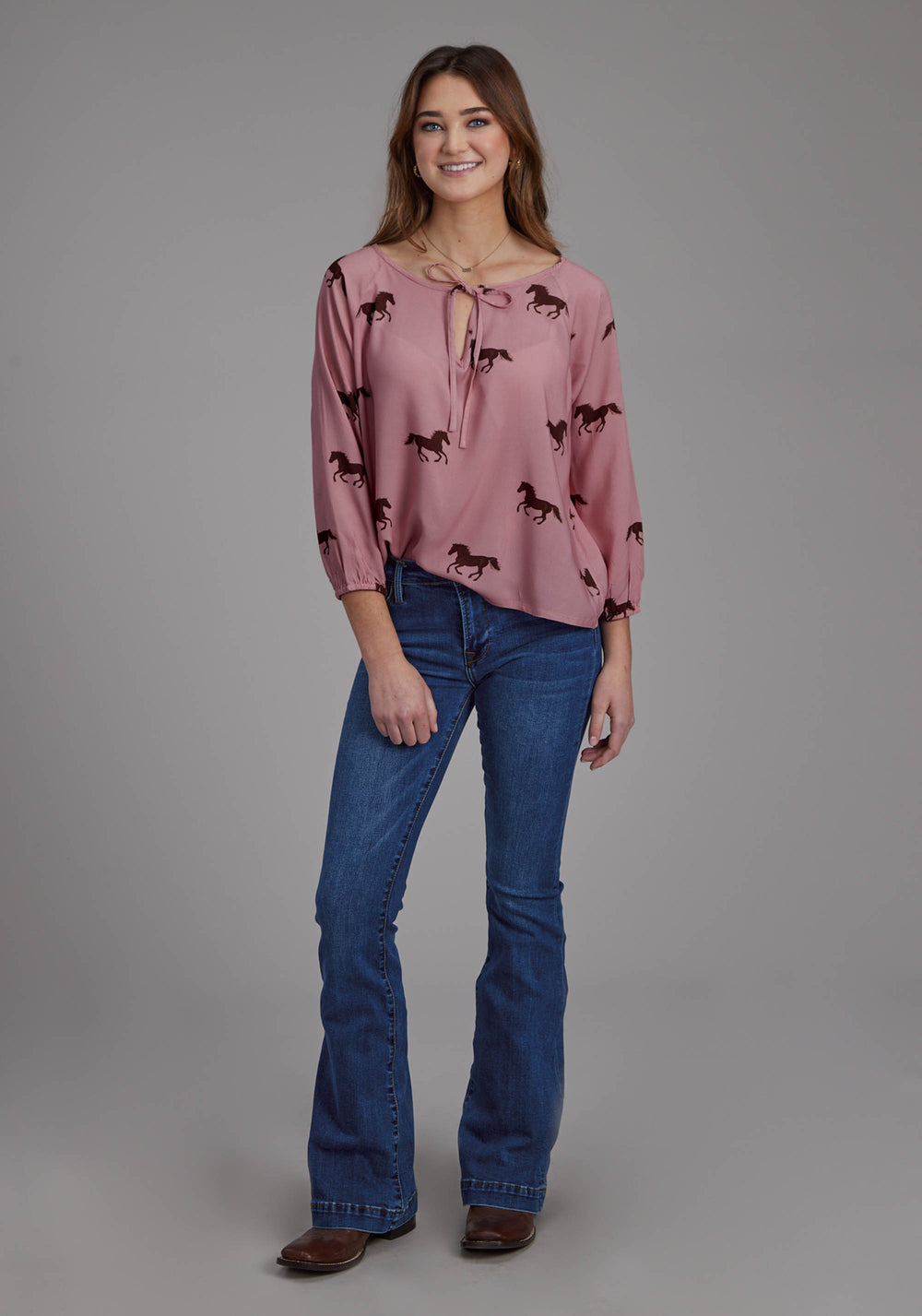 WOMENS WILD HORSES PRINTED RAYON LONG SLEEVE PULLOVER WESTERN SHIRT