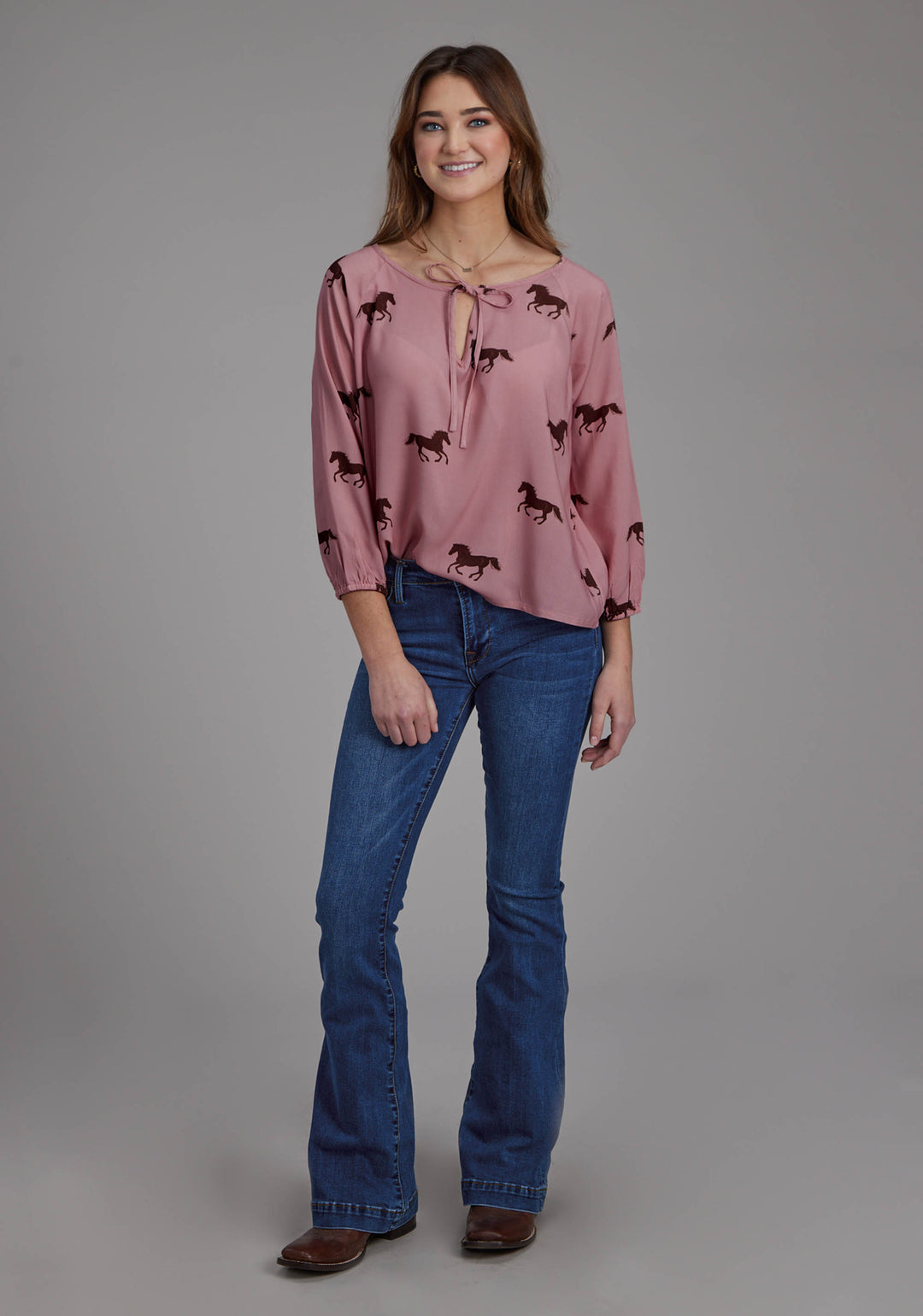 WOMENS WILD HORSES PRINTED RAYON LONG SLEEVE PULLOVER WESTERN SHIRT