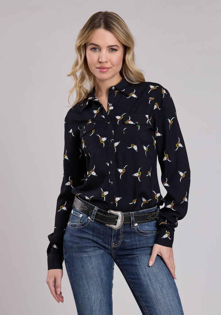 WOMENS LONG SLEEVE SNAP SKULL PRINT WESTERN BLOUSE WESTERN SHIRT