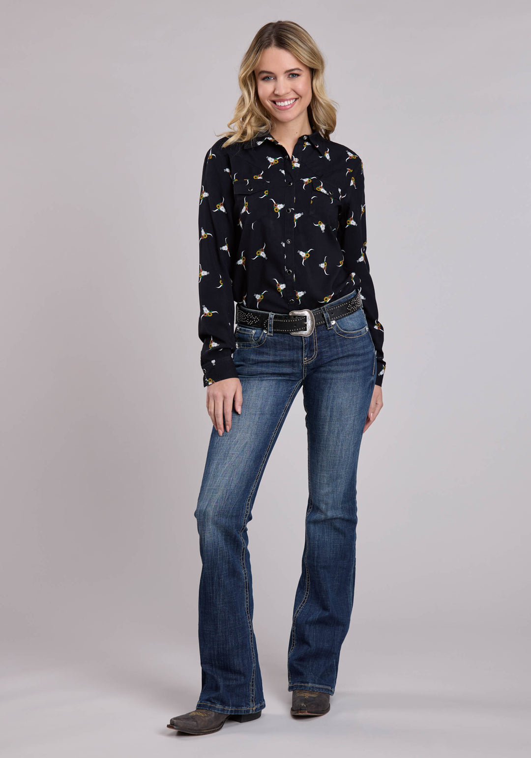 WOMENS LONG SLEEVE SNAP SKULL PRINT WESTERN BLOUSE WESTERN SHIRT