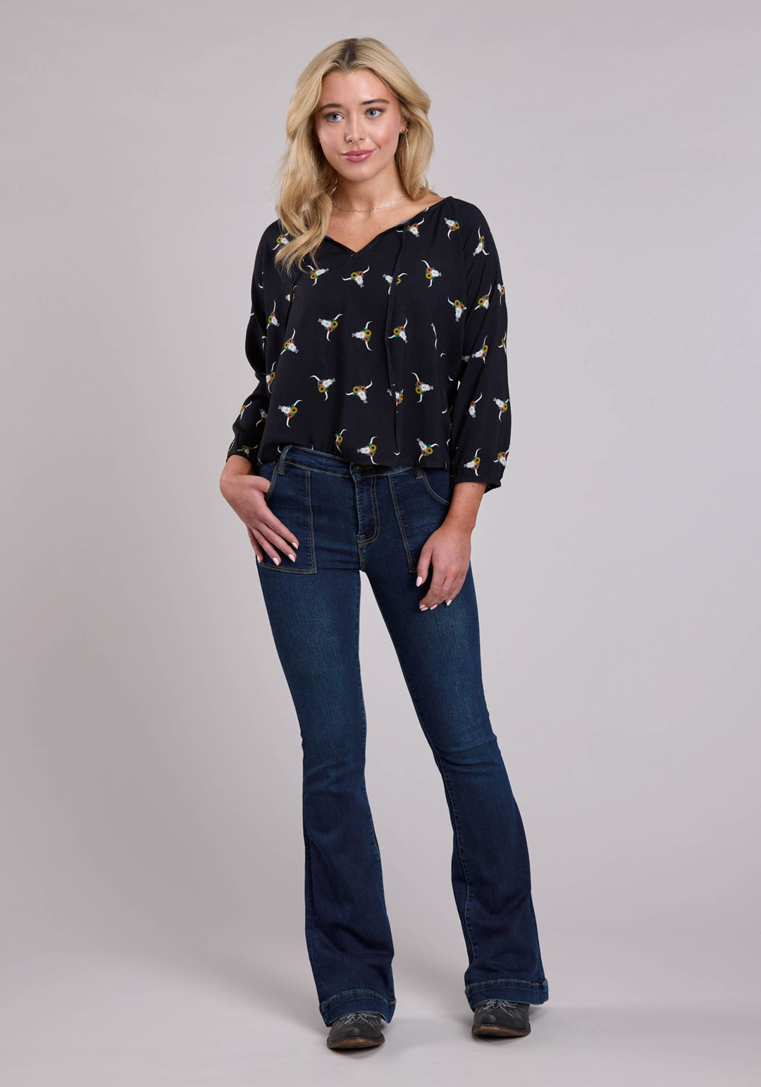 WOMENS LONG SLEEVE BUTTON SKULL PRINT BLOUSE WESTERN SHIRT