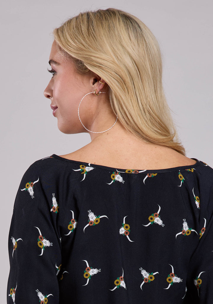 WOMENS LONG SLEEVE BUTTON SKULL PRINT BLOUSE WESTERN SHIRT