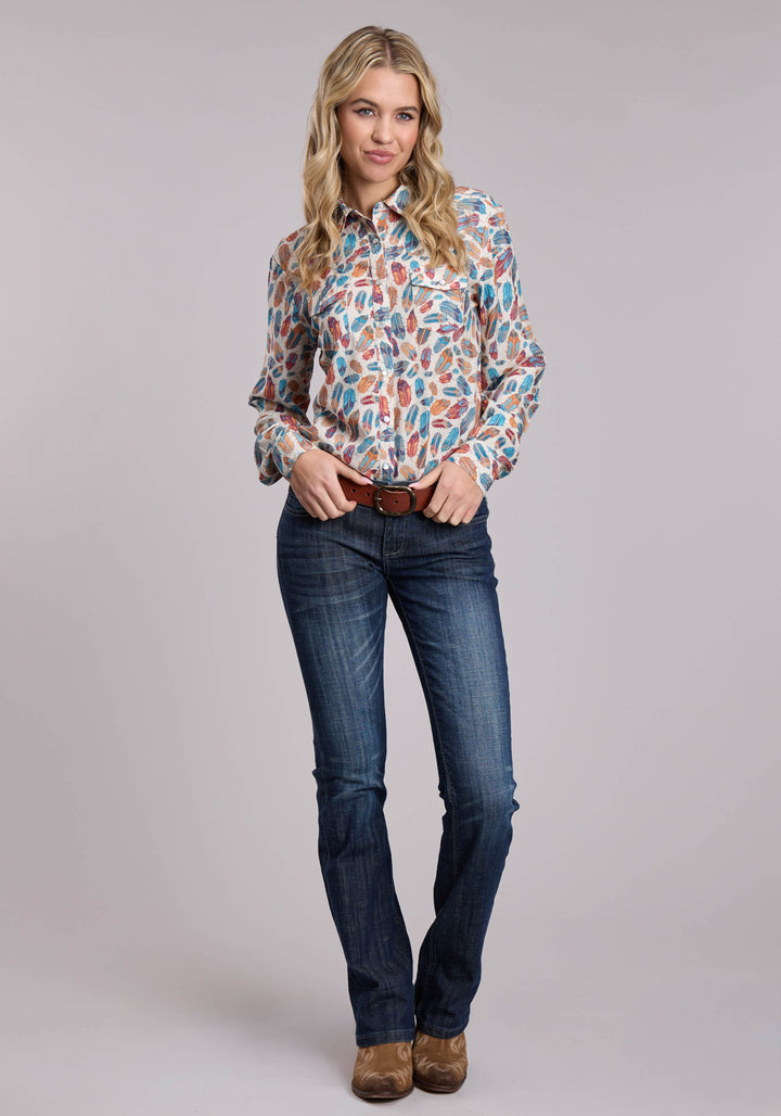 WOMENS ROPER PRINTED FEATHERS RAYON WESTERN SNAP SHIRT