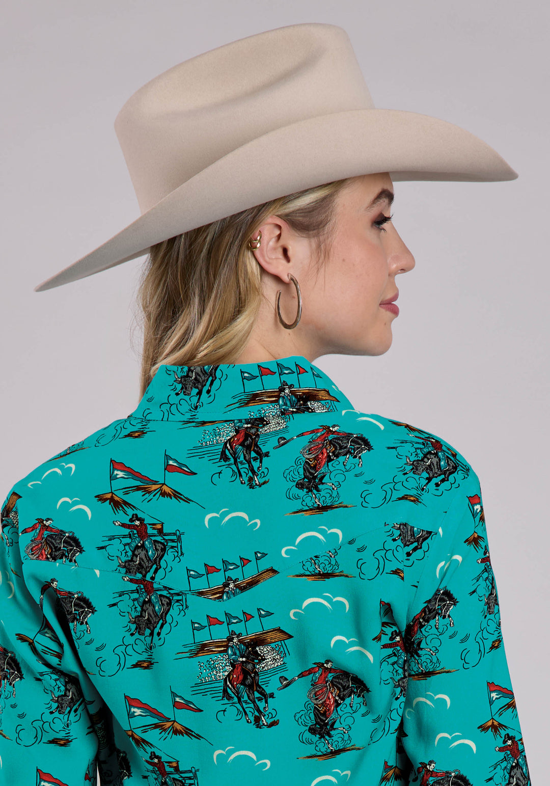 WOMENS LONG SLEEVE SNAP RETRO RODEO PRINT WESTERN SHIRT