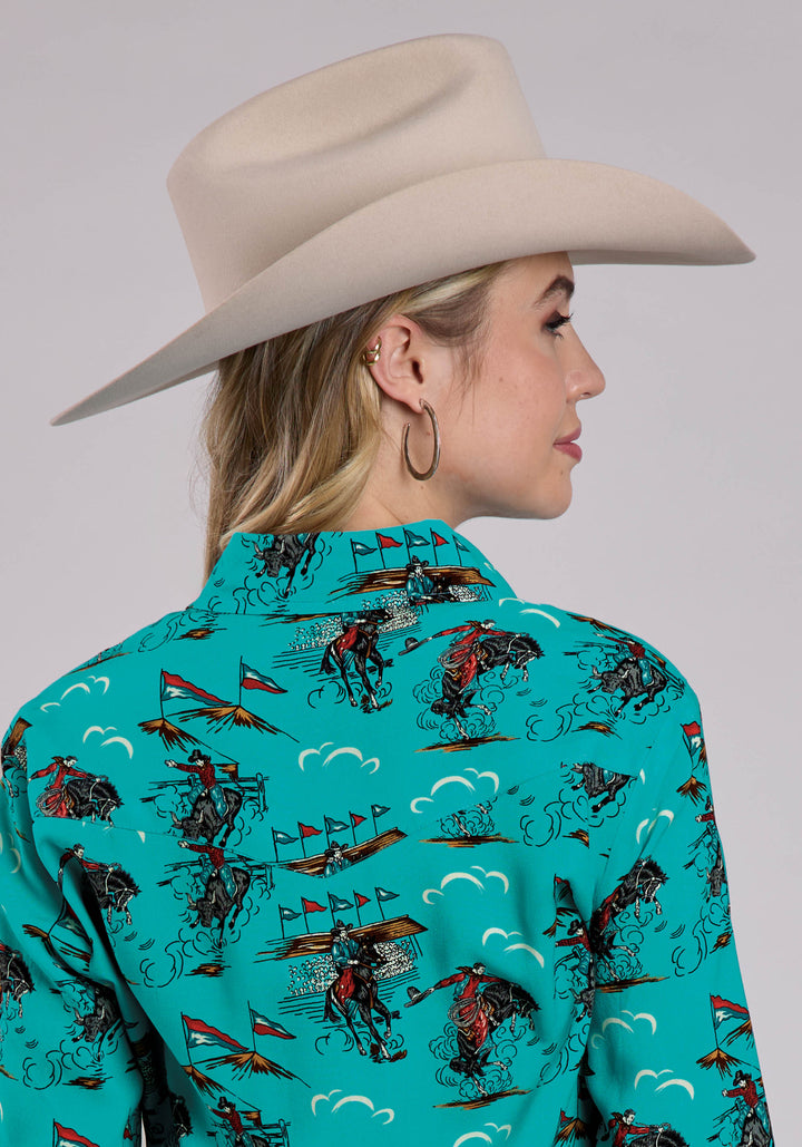 WOMENS LONG SLEEVE SNAP RETRO RODEO PRINT WESTERN SHIRT