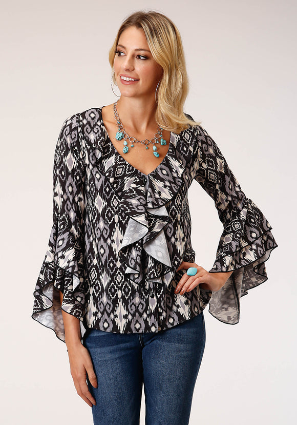 WOMENS LONG SLEEVE POLY CREPE  BLOUSE WITH RUFFLES