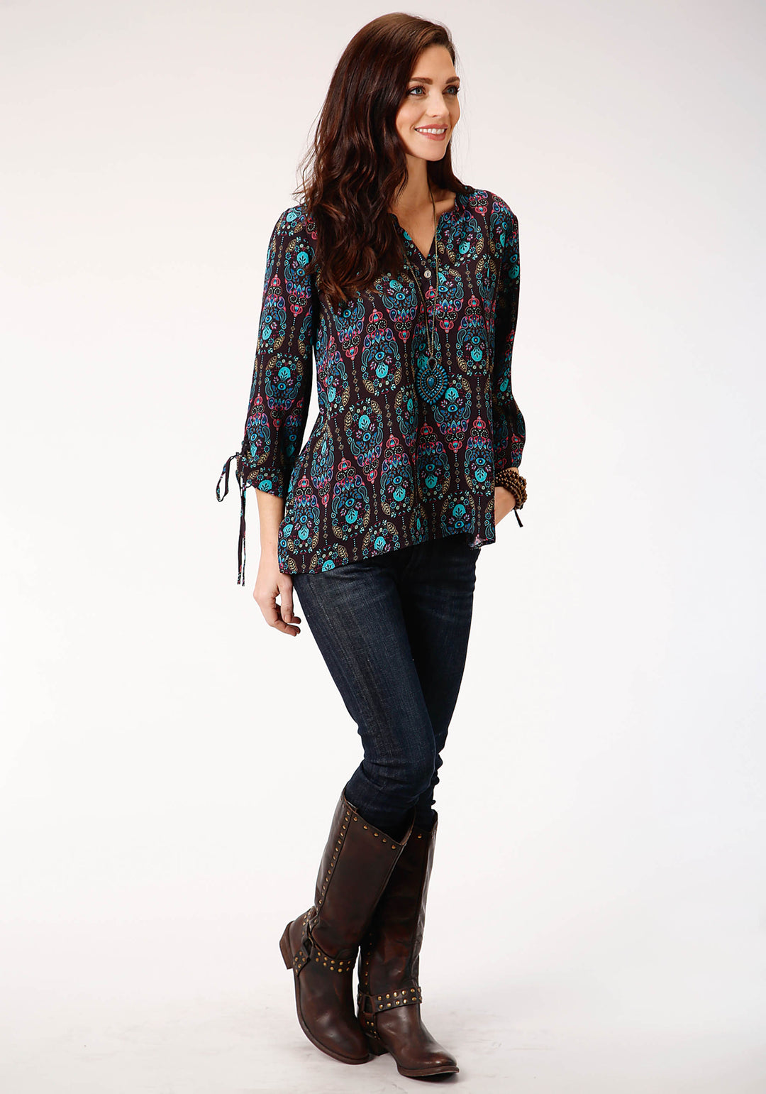 WOMENS PURPLE JEWEL TONE PAISLEY PRINT LONG SLEEVE WESTERN SHIRT