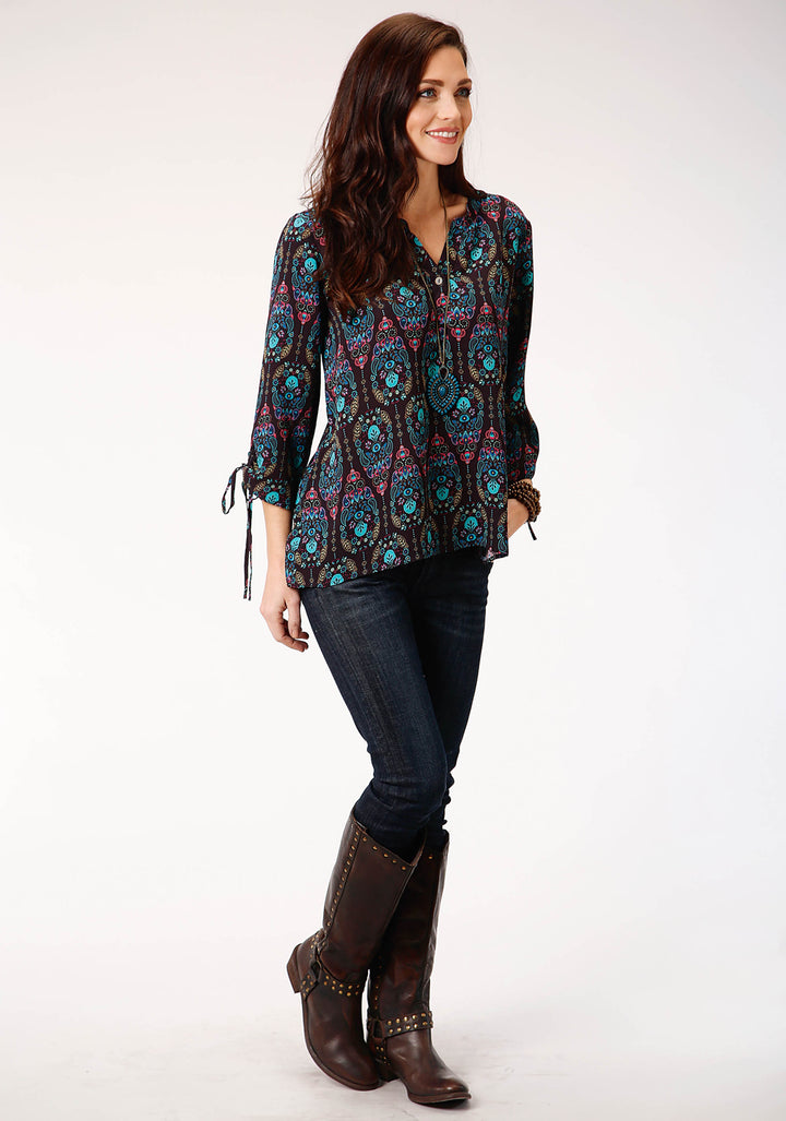 WOMENS PURPLE JEWEL TONE PAISLEY PRINT LONG SLEEVE WESTERN SHIRT