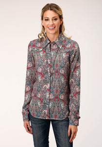 WOMENS LONG SLEEVE SNAP  SAGE PAISLEY PRINT RAYON SHIRT WESTERN SHIRT