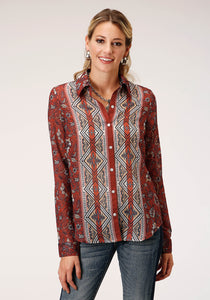 WOMENS LONG SLEEVE RUST FLORAL BORDER PRINT  BLOUSE