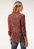 WOMENS LONG SLEEVE RUST FLORAL BORDER PRINT  BLOUSE