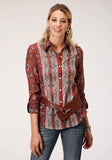 WOMENS LONG SLEEVE RUST FLORAL BORDER PRINT  BLOUSE