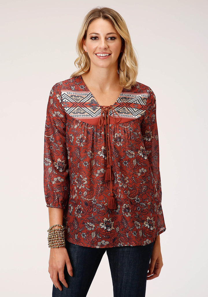 WOMENS LONG SLEEVE RUST FLORAL BORDER PRINT BLOUSE