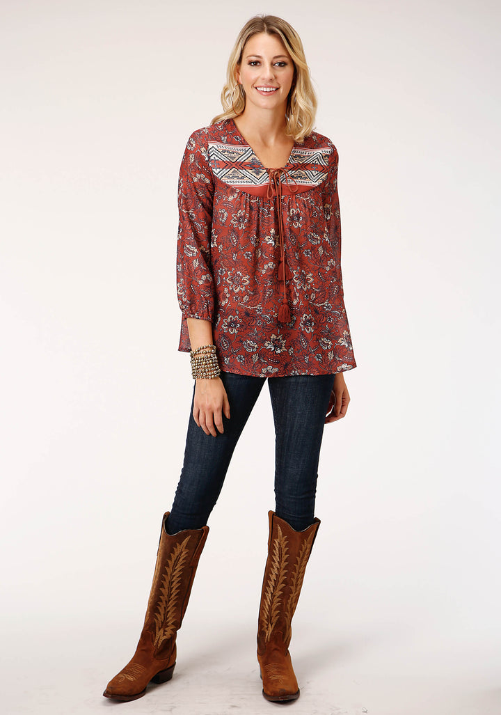 WOMENS LONG SLEEVE RUST FLORAL BORDER PRINT BLOUSE