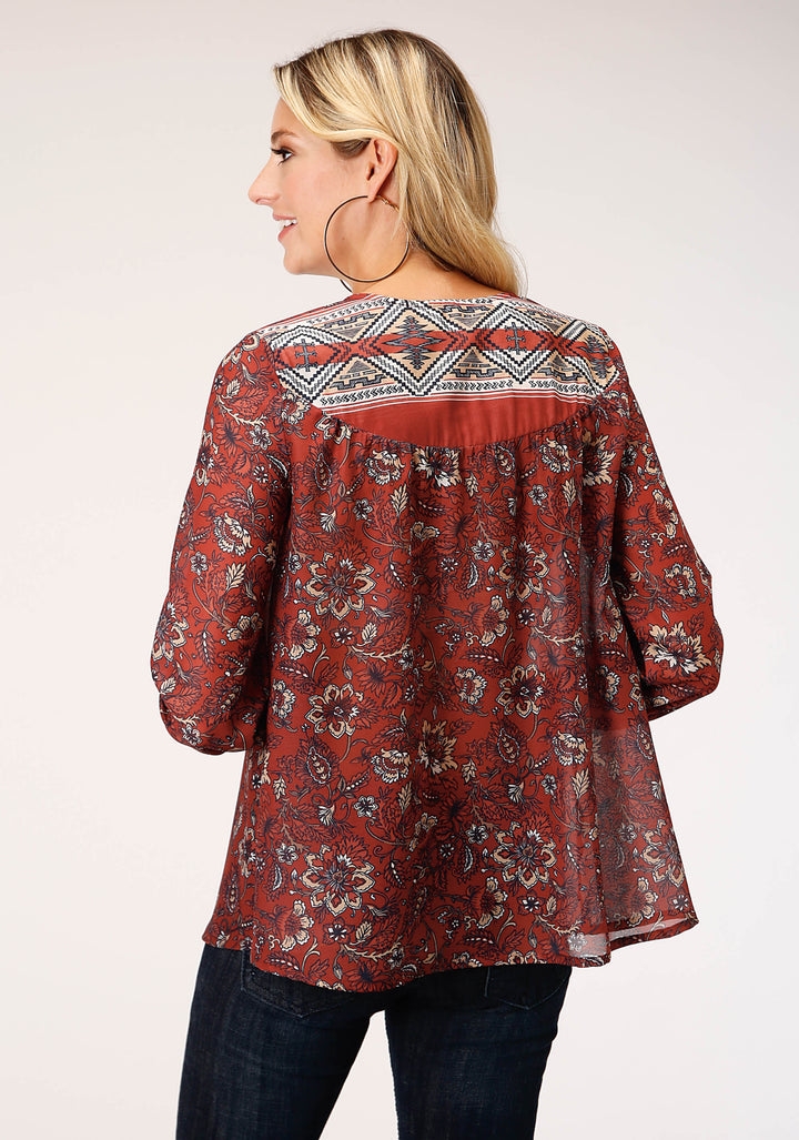WOMENS LONG SLEEVE RUST FLORAL BORDER PRINT BLOUSE