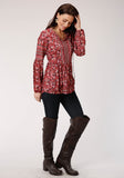 WOMENS RED FLORAL PRINT LONG SLEEVE WESTERN SHIRT
