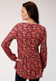 WOMENS RED FLORAL PRINT LONG SLEEVE WESTERN SHIRT