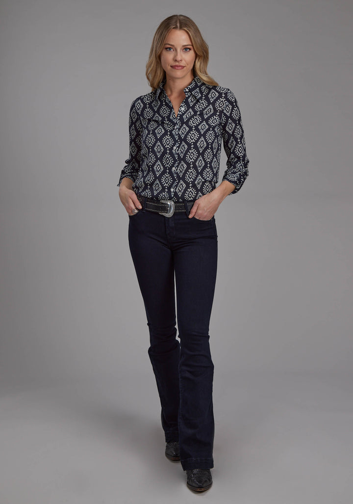 WOMENS BLACK CREAM IKAT PRINT RAYON LONG SLEEVE BUTTON WESTERN SHIRT