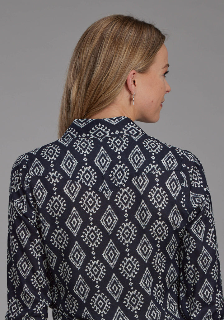 WOMENS BLACK CREAM IKAT PRINT RAYON LONG SLEEVE BUTTON WESTERN SHIRT