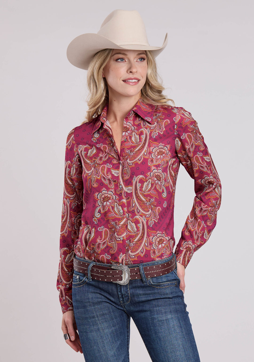 WOMENS LONG SLEEVE SNAP RASP PAISLEY BANDANA PRINT RAYON WESTERN SHIRT