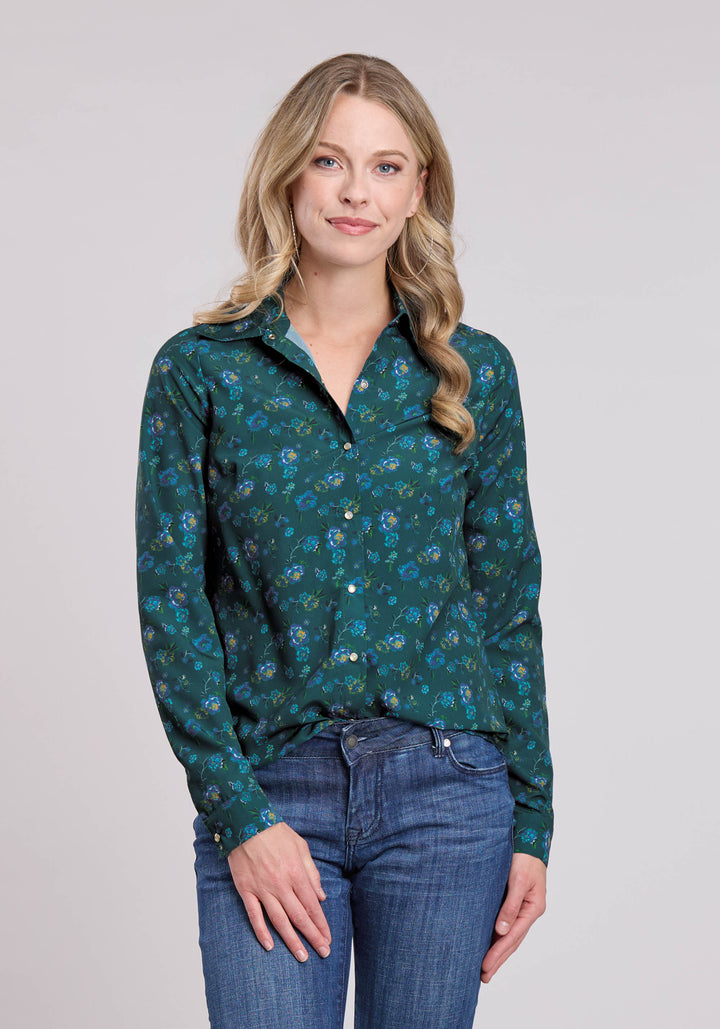 WOMENS LONG SLEEVE SNAP POLY CREPE TEAL FAUX EMBROIDERED PRINT WESTERN SHIRT